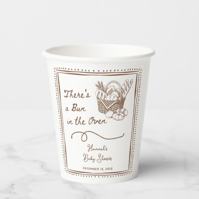 Drawn Brown Bun in the Oven Baby Shower Party Paper Cups (Front)