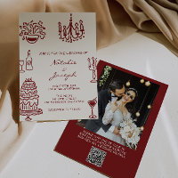 Drawn Burgundy Whimsical Photo QR Code Wedding