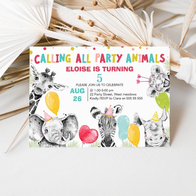 Drawn Calling All Party Animals Safari Birthday Invitation (Colorful Calling All Party Animals Safari Birthday Invitation, Jungle Animals, Balloons, Party Hats)