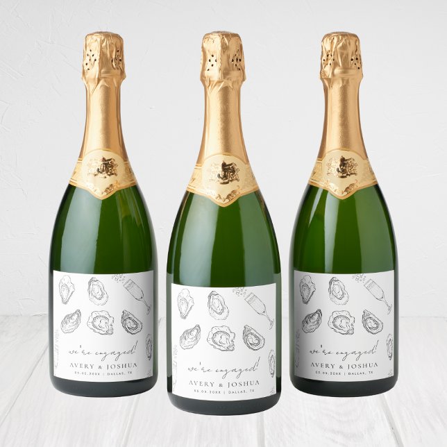 Drawn Champagne & Oysters Roast Engagement Favour Sparkling Wine Label (Creator Uploaded)