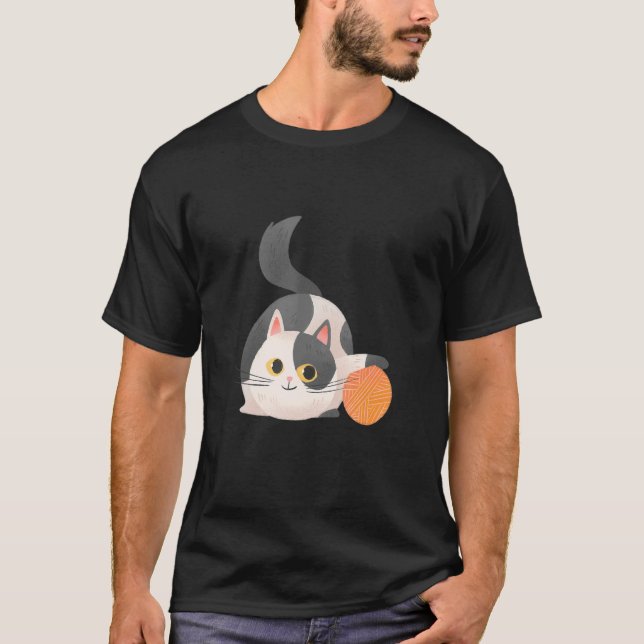 Drawn Cute Cat Playing T-Shirt (Front)
