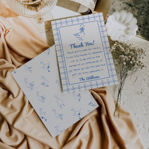 Drawn Goose Gingham Blue Classic Boy Baby Shower Thank You Card
