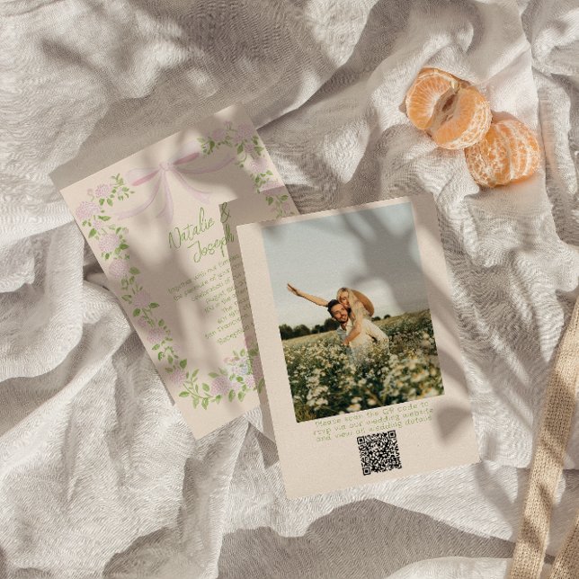  Drawn Green Pink Bow Floral Photo QR Code Wedding Invitation (Creator Uploaded)