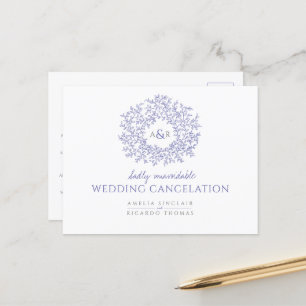 drawn leaf monogram wedding cancellation announcement postcard