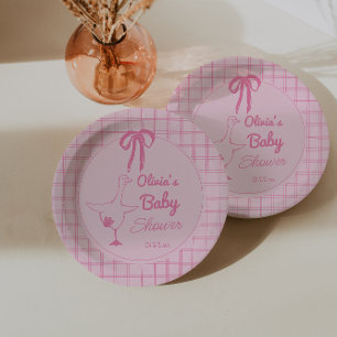 Drawn Pink Silly Goose Ribbon Baby Girl Shower Paper Plate