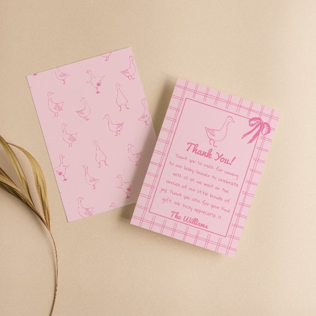 Drawn Pink Silly Goose Ribbon Girl Baby Shower Thank You Card (Creator Uploaded)