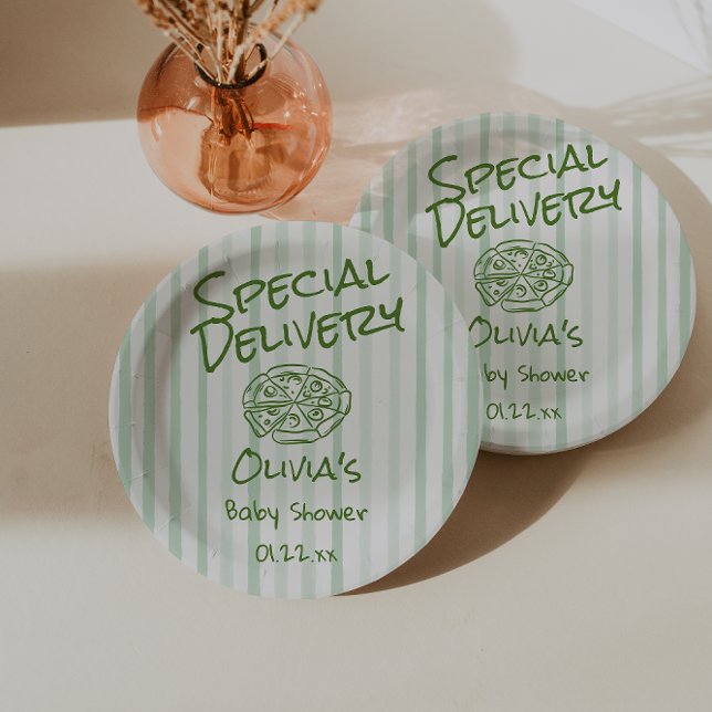 Drawn Pizza Green Special Delivery Baby Shower Paper Plate (Creator Uploaded)