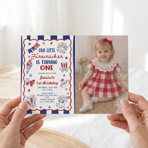 Drawn Red White Blue 1st Birthday Photo Invitation