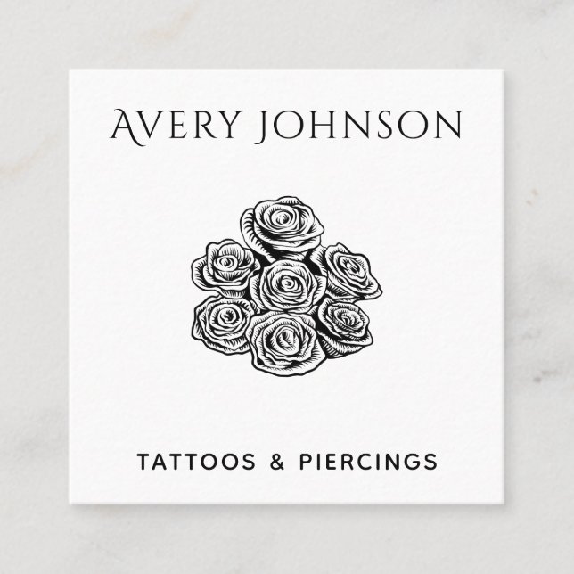 Drawn Roses Tattoo Salon Artist Classy Clean White Square Business Card (Front)