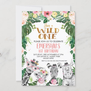 Drawn Safari Animals Floral Wild One Birthday Invitation