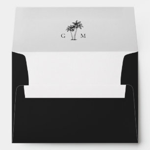 Drawn Sketch Palm Tree Monogram Black Wedding Envelope