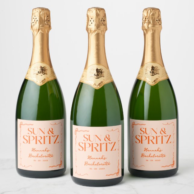 Drawn Sun and Spritz Bachelorette Weekend Party Sparkling Wine Label (Bottles)