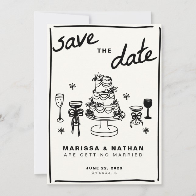 Drawn Together Wedding with Photo Save The Date (Front)