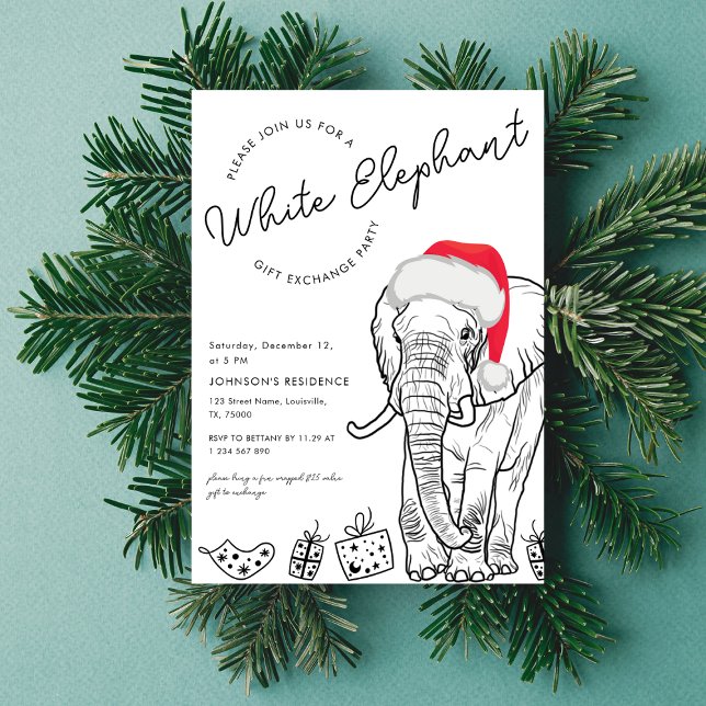 Drawn White Elephant Gift Exchange Christmas Party Invitation (Creator Uploaded)