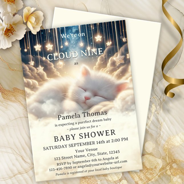 Dream Baby Cloud Nine Baby Shower  Invitation (An adorable baby shower invitation featuring a kitten sleeping on cloud nine with twinkling stars)