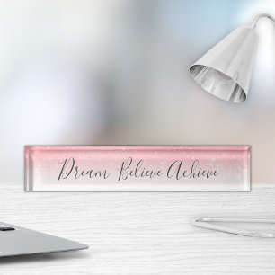 Dream Believe Achieve Motivational Pink Silver Nameplate