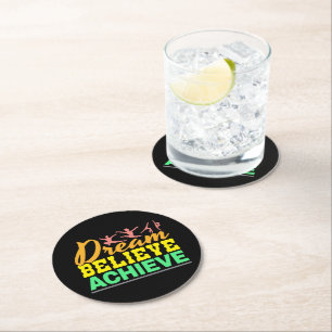 Dream Believe Quote - Women's Gymnastics Round Paper Coaster