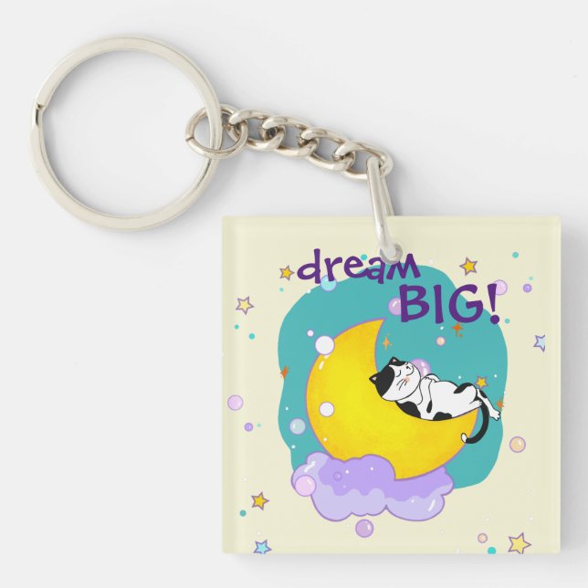 "Dream Big" Cat On Moon Inspirational Quote Key Ring (Front)