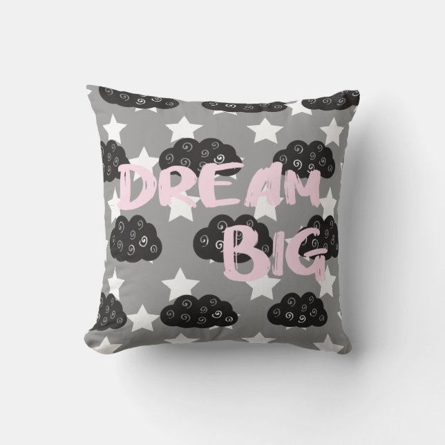 Dream Big Grey and Blush Brush Script Throw Pillow (Front)