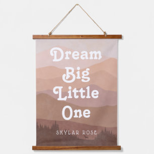Dream Big Little One Pink Boho Mountains Nursery Hanging Tapestry