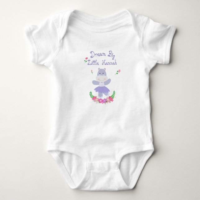 Dream Big Little one, Purple Hippo Ballerina Baby Bodysuit (Front)