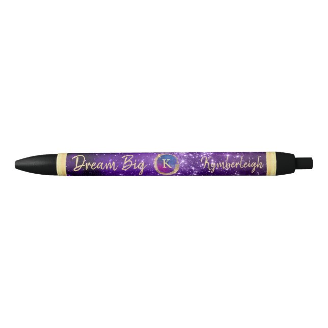 Dream Big Purple Galaxy Glam Gold Monogram Name Black Ink Pen (Front)