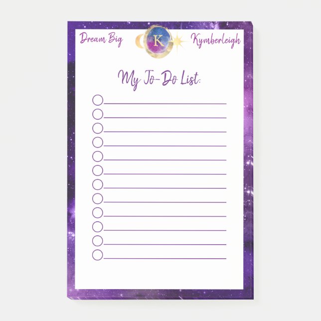 Dream Big Purple Galaxy Glam Monogram To-Do List Post-it Notes (Front)