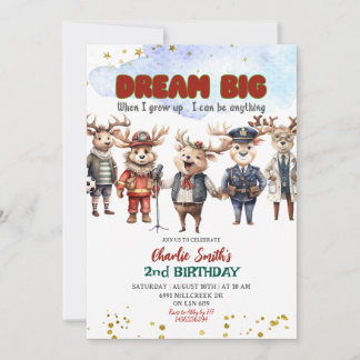Dream Big Reindeer Career Theme Kids Birthday Invitation