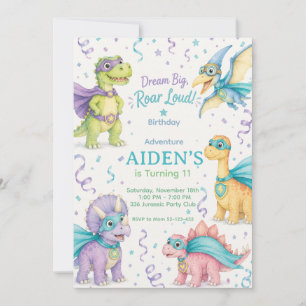Dream Big Roar Loud Dinosaur Birthday Watercolor Invitation