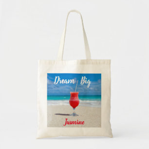 Dream Big Tropical Beach Blue Ocean Custom Name Tote Bag