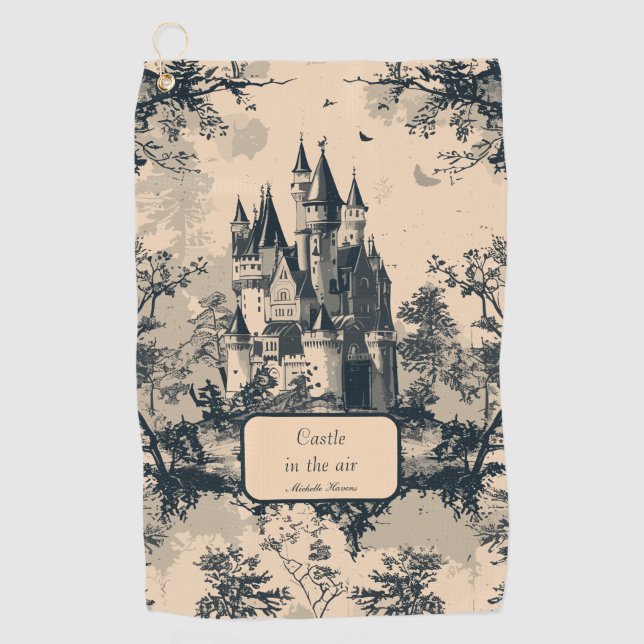 Dream Castle Midnight and Ivory Toile de Jouy Golf Towel (Front)