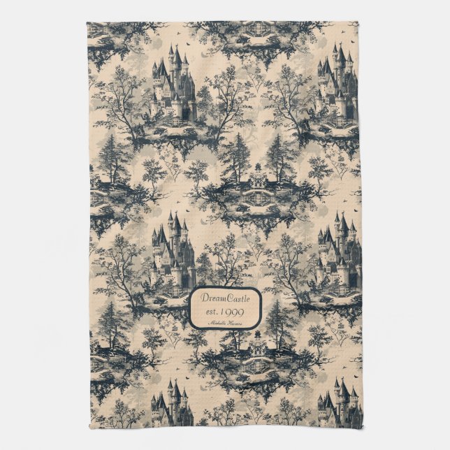 Dream Castle Midnight and Ivory Toile de Jouy Tea Towel (Vertical)