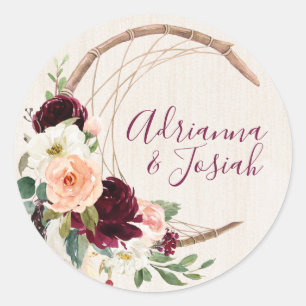 Dream Catcher Moon Peach & Burgundy Boho Wedding Classic Round Sticker