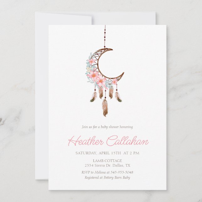 Dream catcher Pink Boho Baby Shower Invitation (Front)