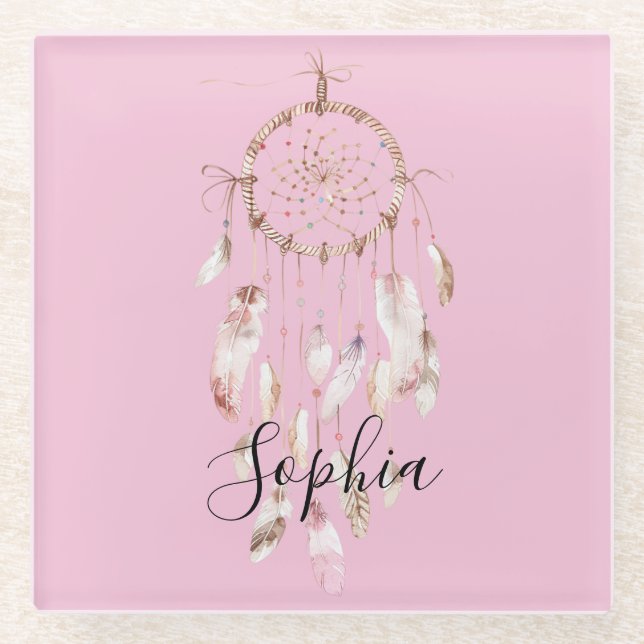 Dream Catcher Pink Feathers Glass Coaster (Front)