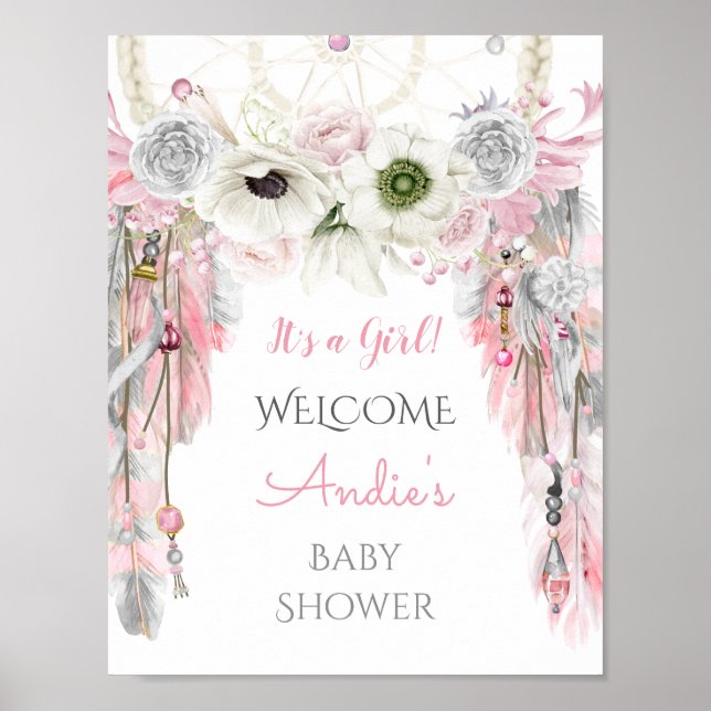 Dream Catcher Tribal Boho Welcome Sign Pink Grey (Front)