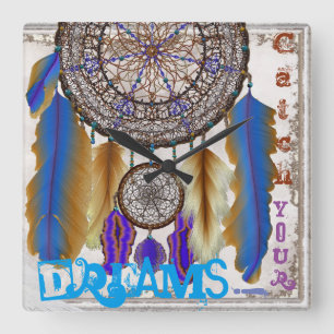 Dream catcher with a magic bird blue feathers square wall clock
