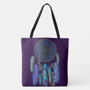 Dream catcher with a magic bird turquoise feathers tote bag