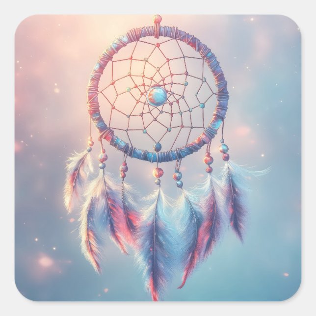 Dream Catcher with Soft Feathers and Beads Square Sticker (Front)