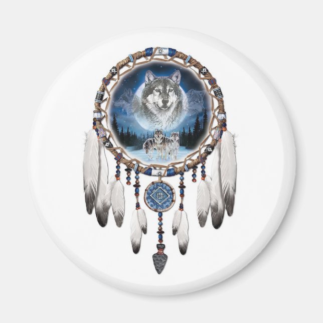 Dream Catcher with wolf background Magnet (Front)