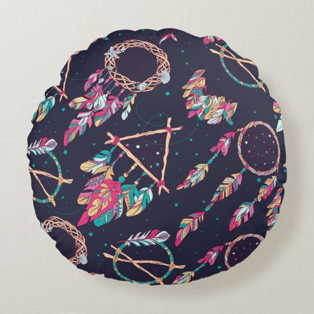 Dream catchers: vintage seamless pattern. round cushion (Front)