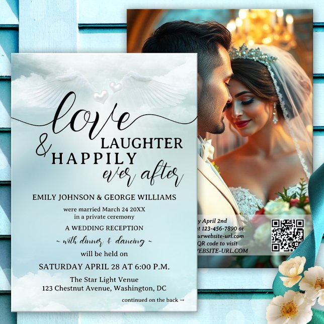 Dream Cloud Nine Elope Happily Ever After Wedding Invitation (Wedding reception only/happily ever after invitation featuring angel wings and hearts on cloud nine)