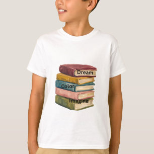 Dream, Colour, Imagine" Stacked Books Kids T-Shirt
