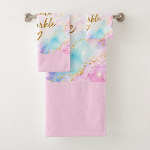 Dream Create Sparkle Pastel Watercolor Gold Pink Bath Towel Set