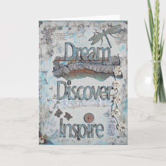 Dream, Discover, Inspire Typography With Dragonfly Card (Front)