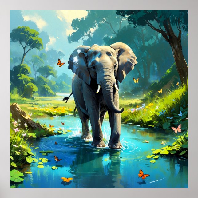Dream Elephant with Butterflies in River Poster (Front)