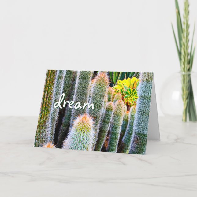 "Dream" fuzzy green cactus photo blank inside card (Front)
