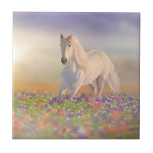 Dream horse running through field of pink flowers tile