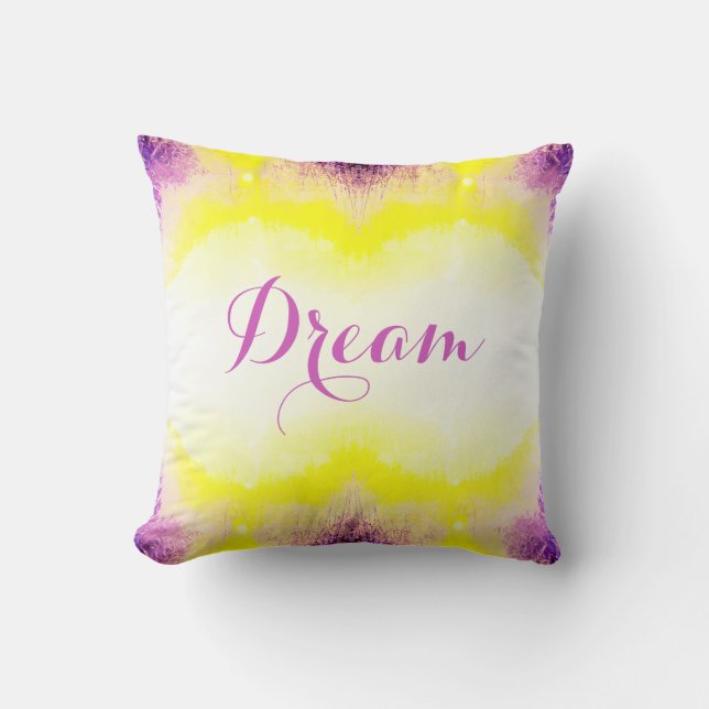 "Dream" in Script Fuschia Yellow White Watercolor Cushion (Front)