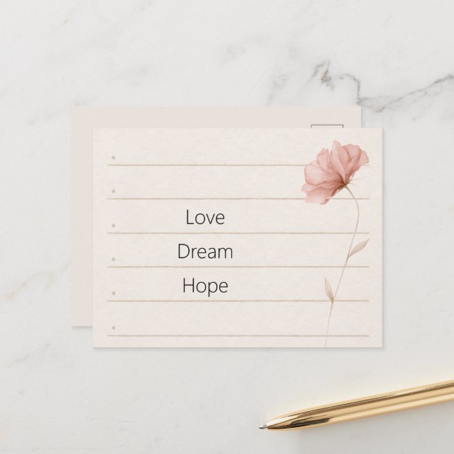 Dream Love Hope Notes Pink Flower Postcard (Front/Back In Situ)